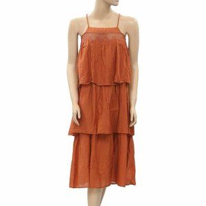 HappyxNature Kate Hudson Tiered Slip Midi Dress Rust Crochet Lace Tie XXS